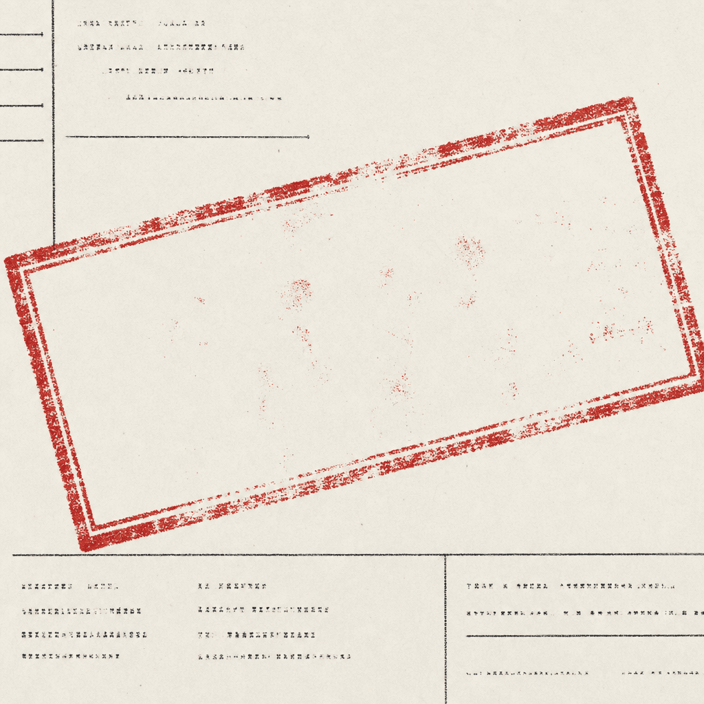 A red rubber stamp impression pressed off-angle on off-white paper.